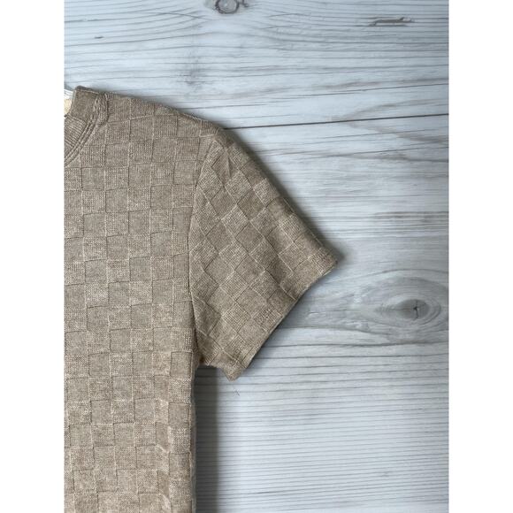Atelier By Kirious Shirt Womens Small Beige Checkered Textured Knit Crop Top Tee - Picture 3 of 9